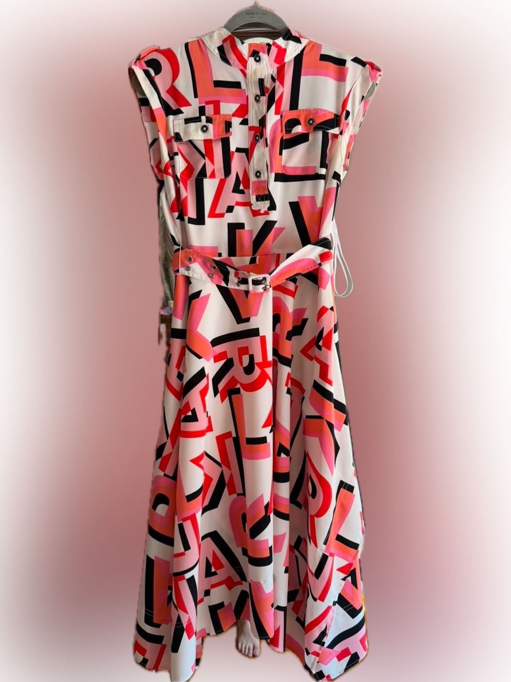 Karl Lagerfeld Graphic Belted Sleeveless Maxi Dress in Pink & Coral